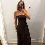 LBK BROWN ASYMMETRIC STRAPLESS PLEATED MAXI DRESS