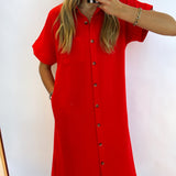 RED SOLID MIDI DRESS WITH POCKETS