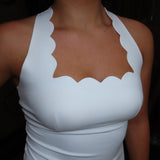 WHITE SCALLOPED FLARE MINI DRESS
