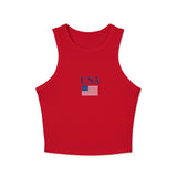 USA Flag Racer Tank Top — Patriotic Women's Cropped Micro Rib Tank for 4th of July & Summer