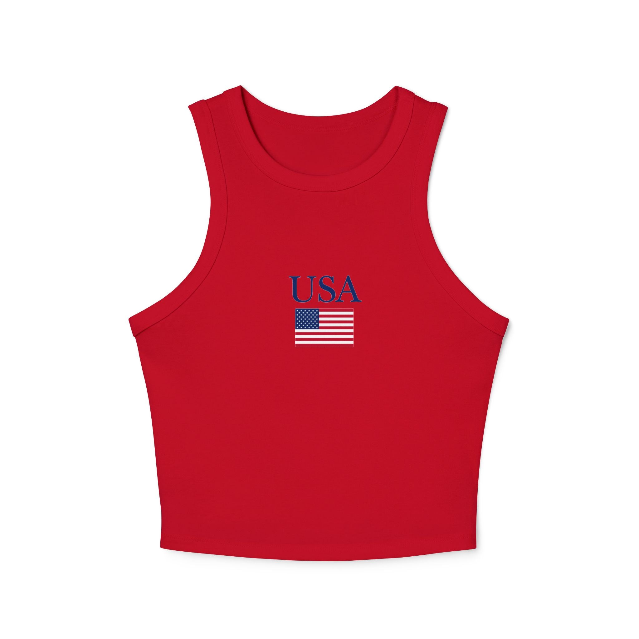 USA Flag Racer Tank Top — Patriotic Women's Cropped Micro Rib Tank for 4th of July & Summer