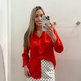 LBK RED SATIN BUTTON DOWN BLOUSE