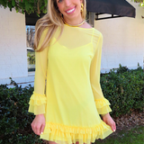 YELLOW SHEER RUFFLE DETAIL LONG SLEEVE DRESS