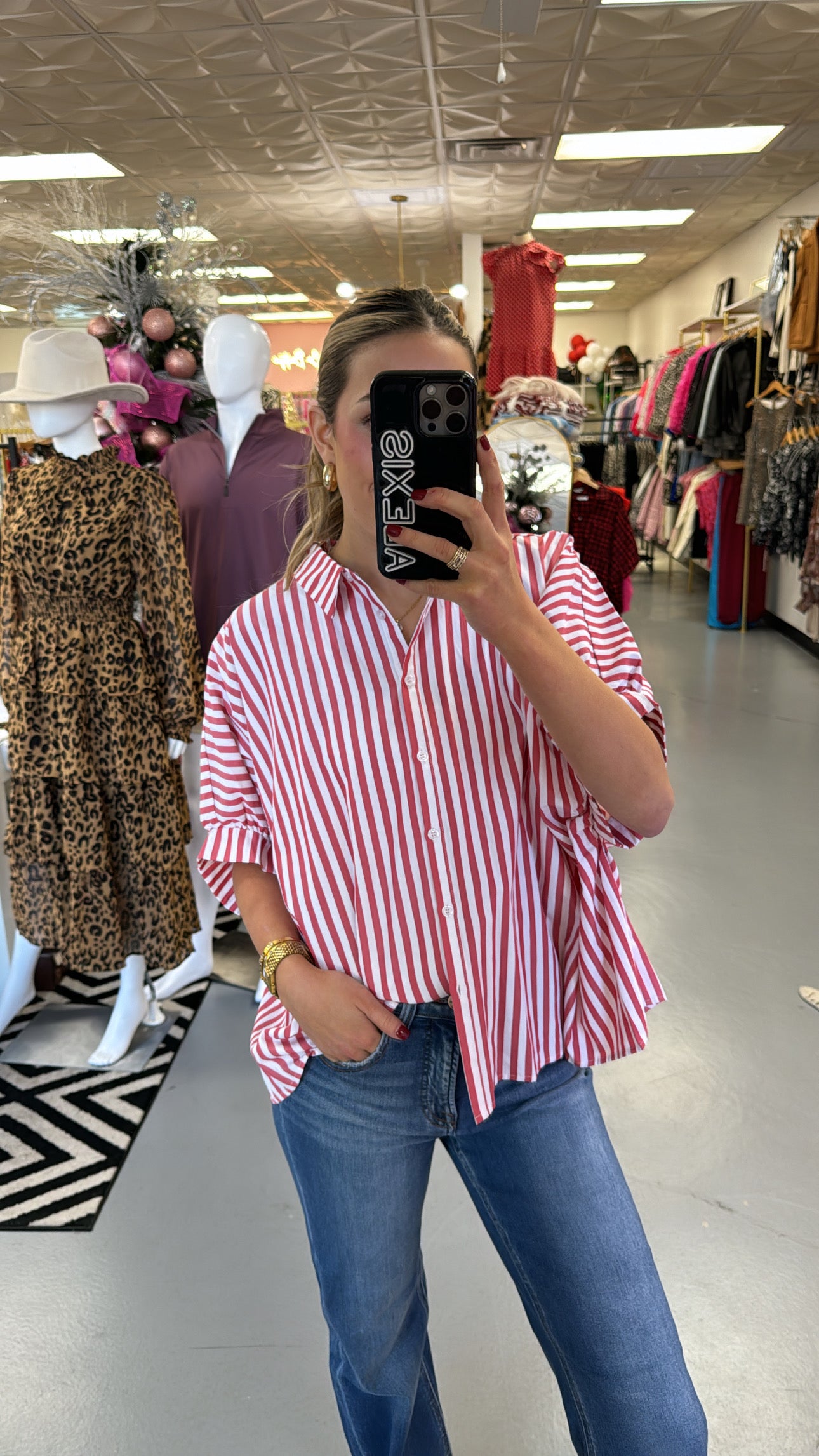 RED + WHITE STRIPED OVERSIZED BUTTON DOWN