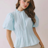 BLUE RUFFLE MOCK NECK BUTTON TOP