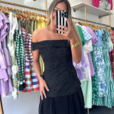 Black Jacquard Off The Shoulder Pleated Dress