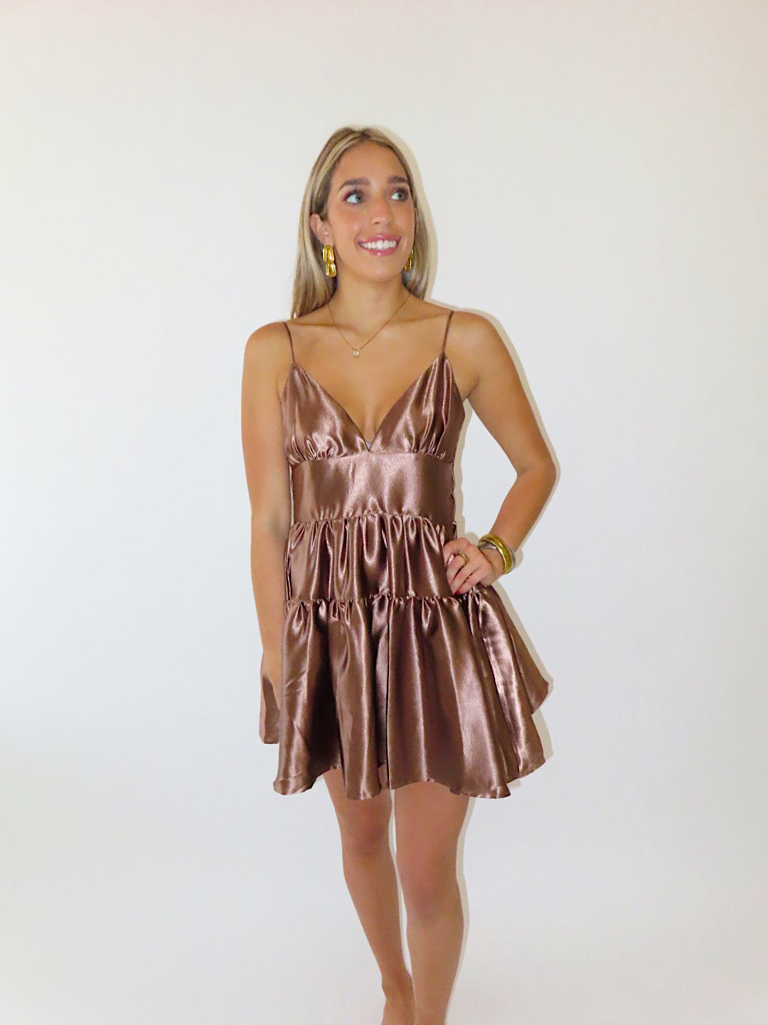 BRONZE SHIMMER MINI RUFFLE DRESS