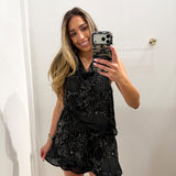 BLACK HALTER MINI CRISS CROSS SEQUIN DRESS