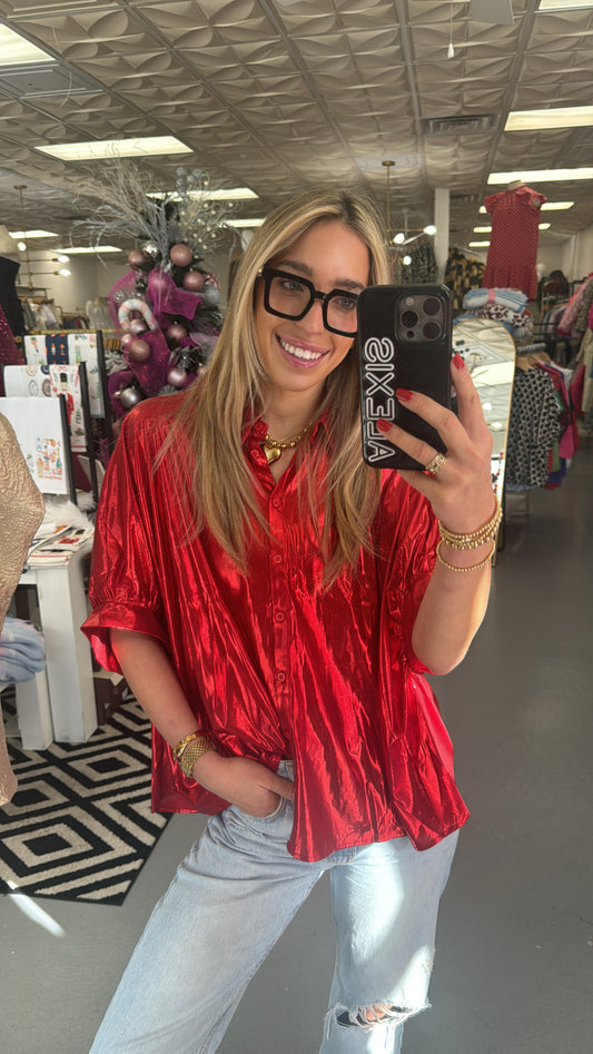 RED METALLIC COLLAR BUTTON DOWN