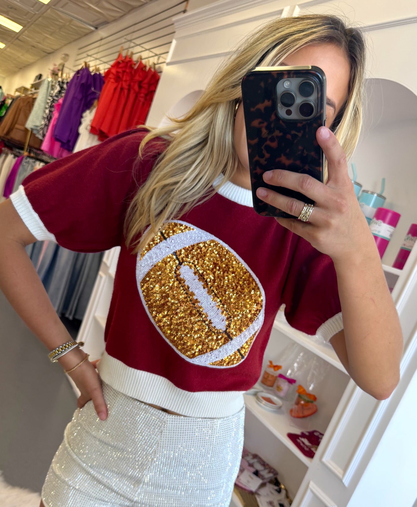 CRIMSON / WHITE EMB. PUFF SLEEVE FOOTBALL TOP