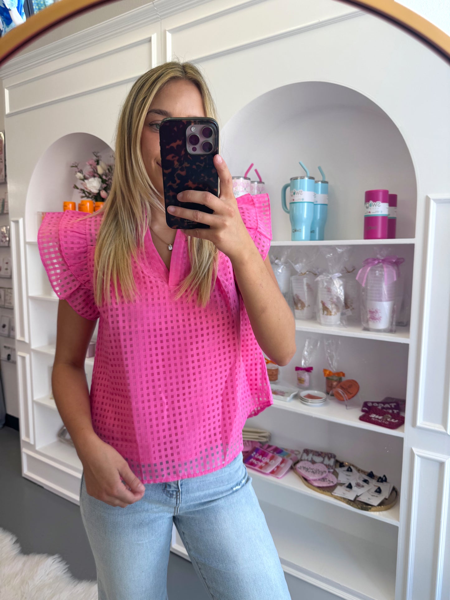 PINK RUFFLE CHECKERED TOP