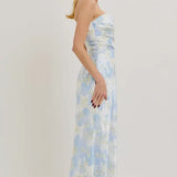 BLUE MULTI FLORAL STRAPLESS MAXI DRESS