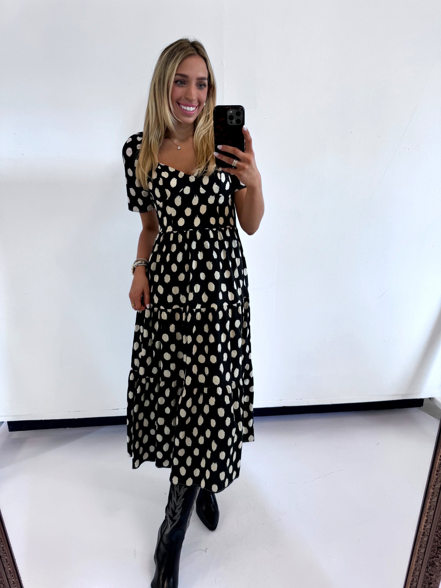 BLACK POLKA DOT SLEEVE MIDI DRESS