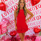 Red 3D Rosette Hem Dress