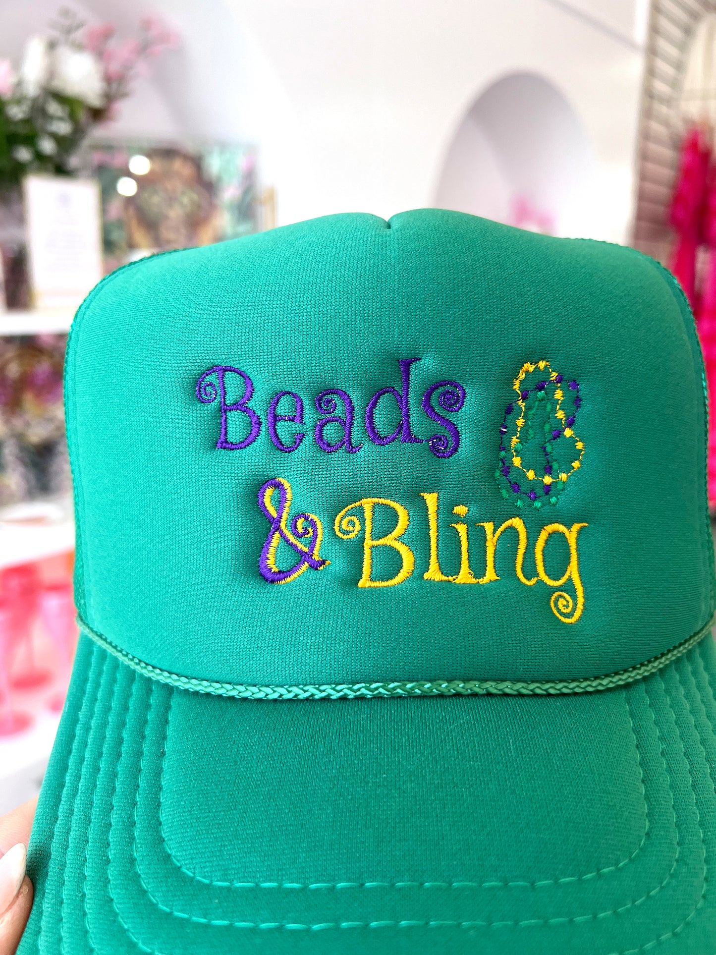 BEADS + BLING GREEN TUCKER HAT