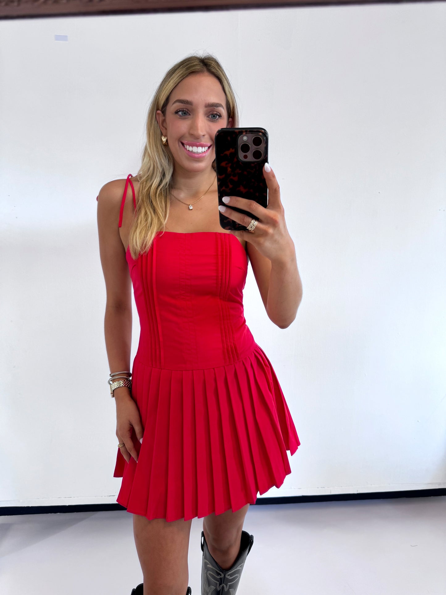 RED PLEATED DETAIL DRESS - (large left)