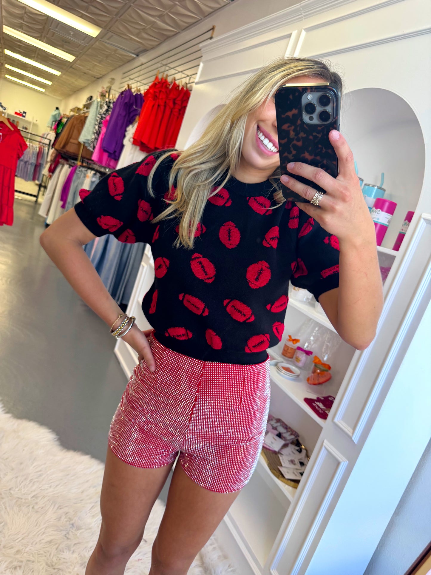 RED STUDDED KNIT SHORTS