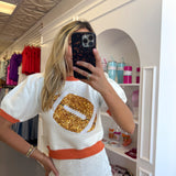 WHITE / ORANGE EMB. PUFF SLEEVE TOP