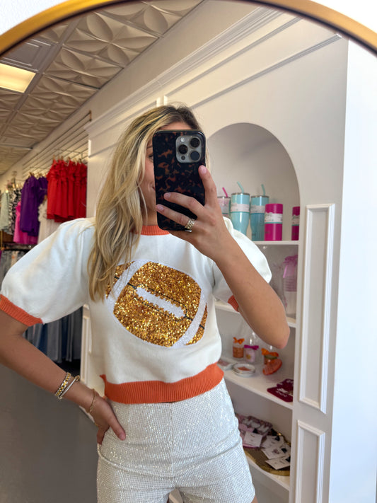 WHITE / ORANGE EMB. PUFF SLEEVE TOP