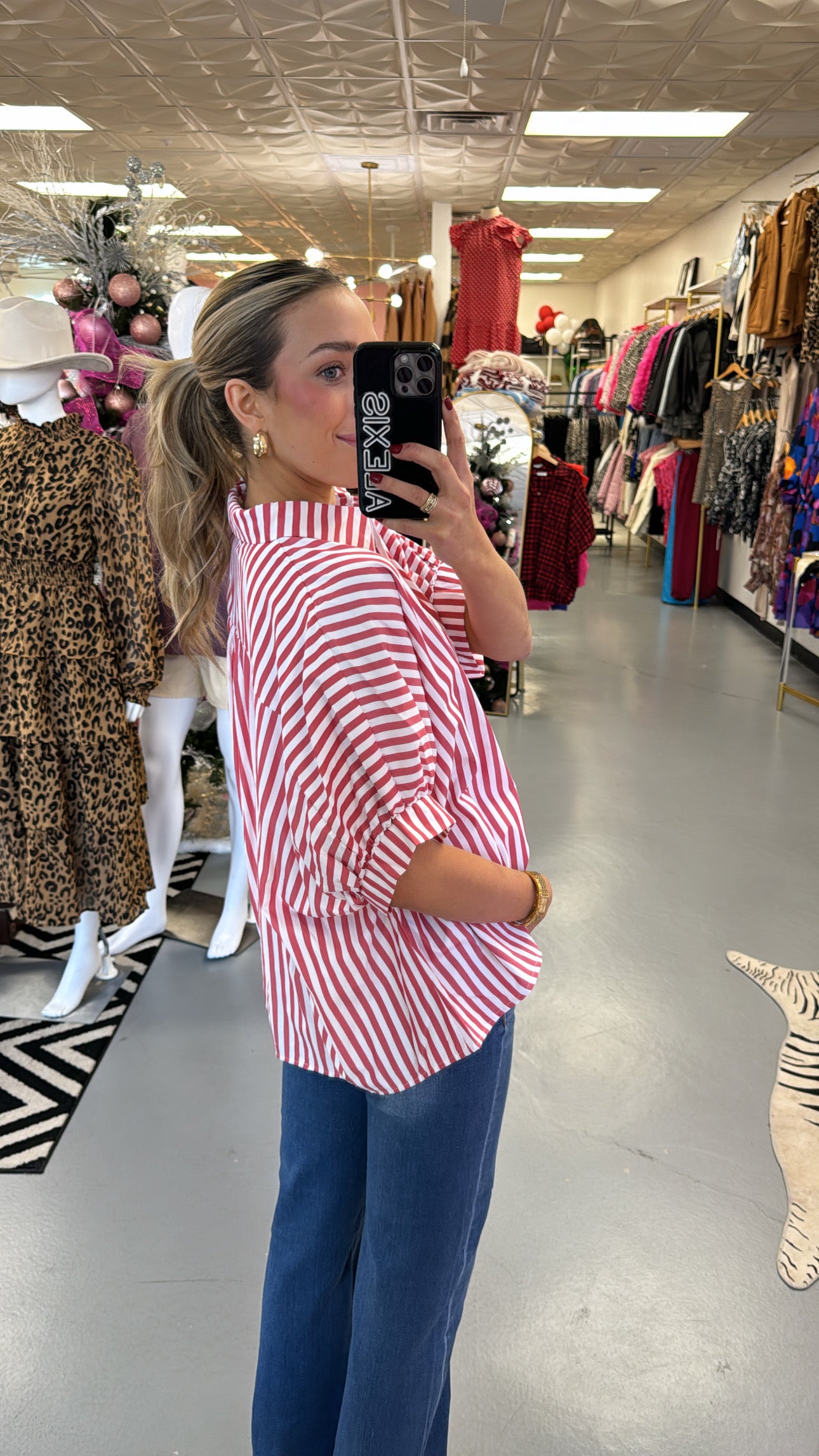 RED + WHITE STRIPED OVERSIZED BUTTON DOWN