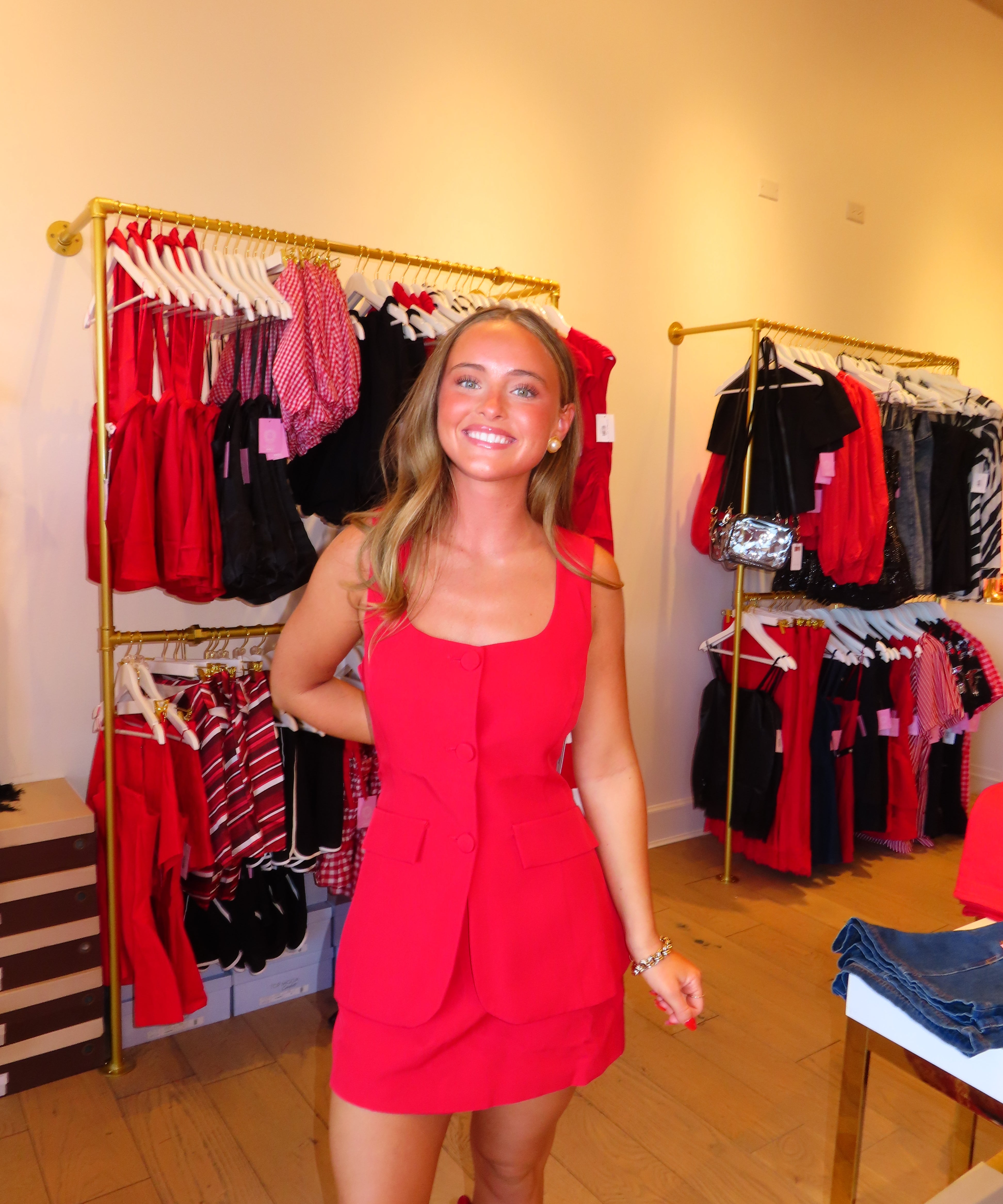 RED NECKLINE BUTTON ROMPER