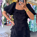 BLACK RUFFLE TIERED MINI DRESS
