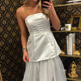 Ivory Peplum Layered Tulle Maxi Dress