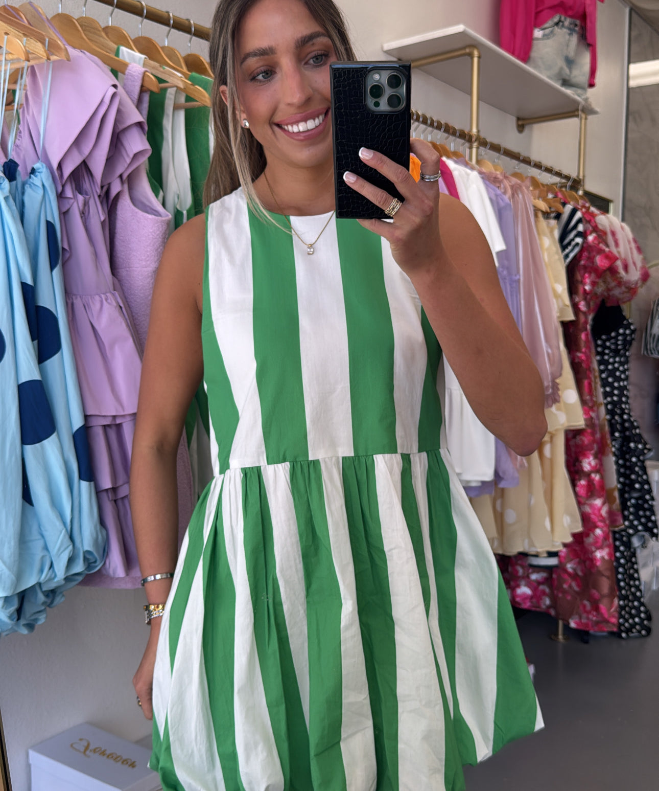 GREEN + WHITE STRIPE BUBBLE DRESS
