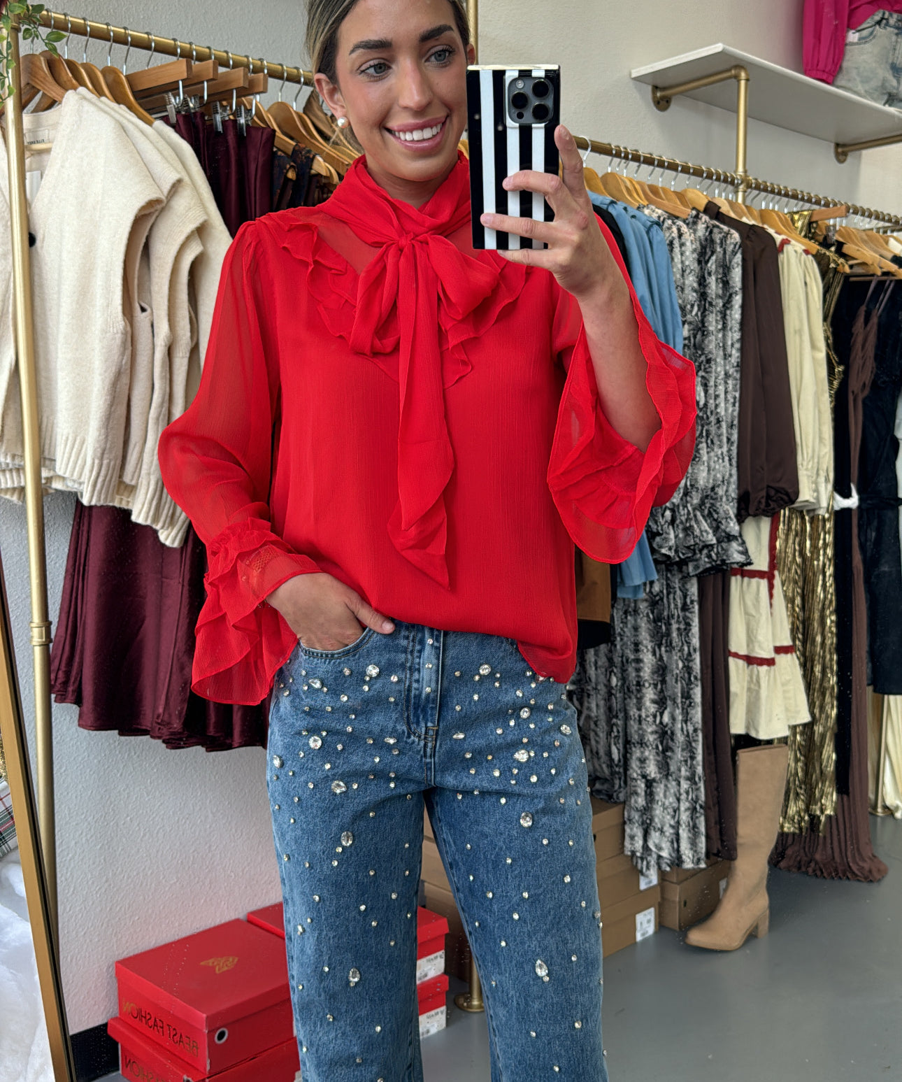 Red Sheer Chiffon Mock Neck Blouse