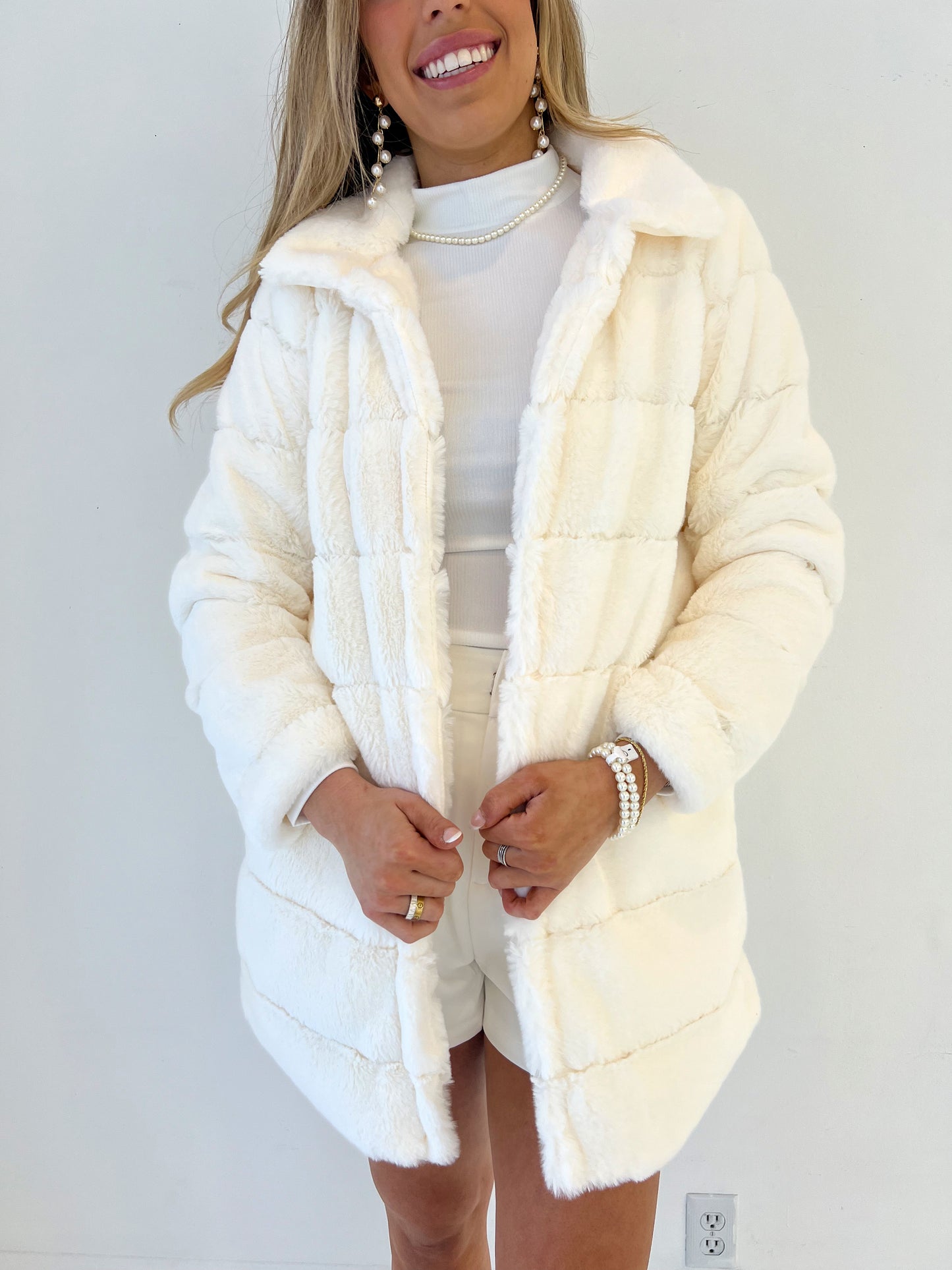 Cream Midi Fur Jacket