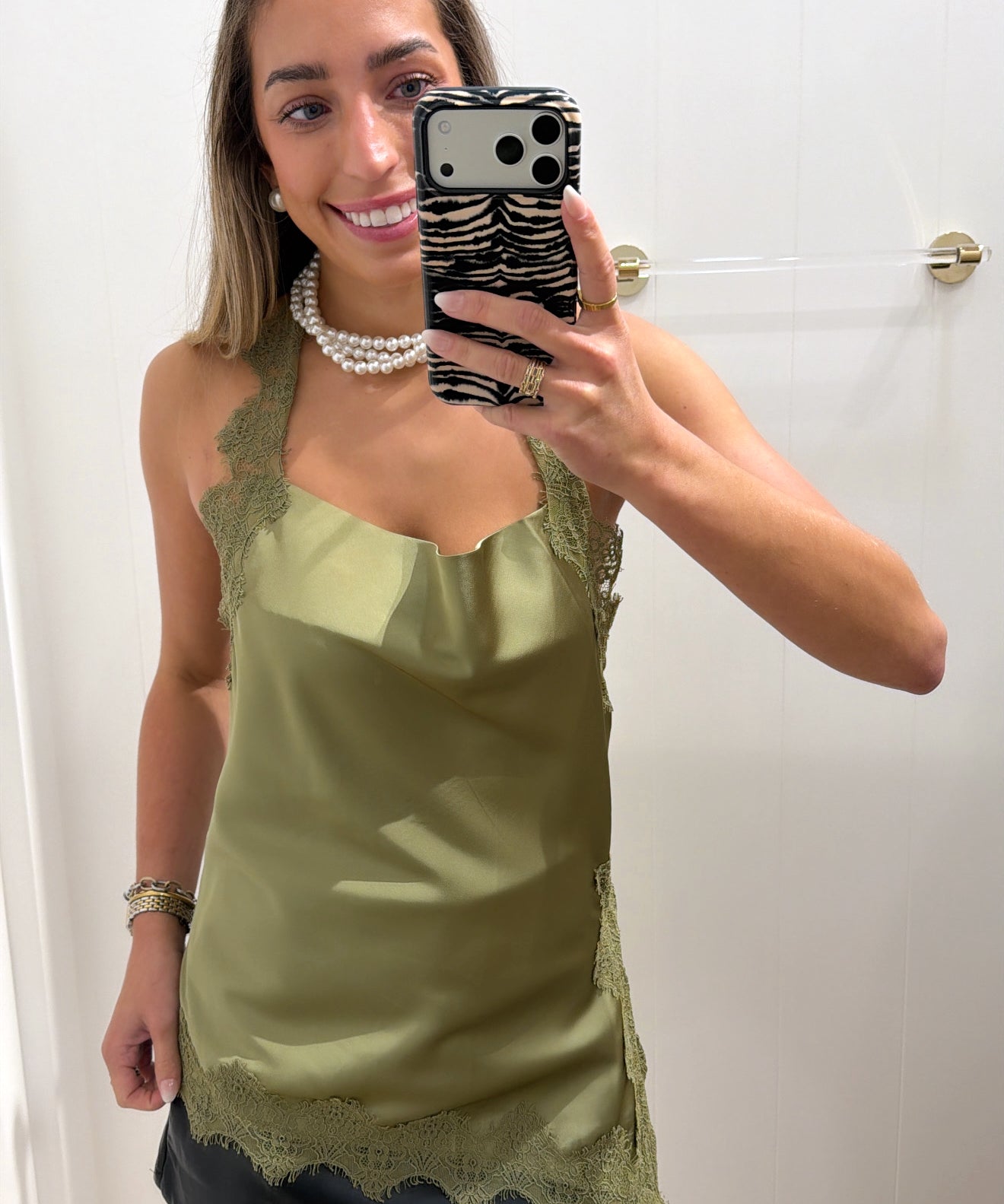 OLIVE LACE SATIN HALTER TANK