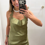 OLIVE LACE SATIN HALTER TANK