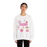 Teacher Icons Crewneck Sweatshirt — Cute Pink School Graphics