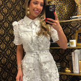 WHITE LACE BELTED MINI DRESS