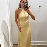 YELLOW SCARF ONE SHOULDER SATIN MAXI DRESS