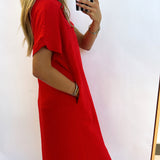 RED SOLID MIDI DRESS WITH POCKETS