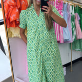 GREEN FLORAL RUFFLE MIDI DRESS