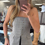 WF PLAID STRAPLESS BUTTON DETAIL TOP