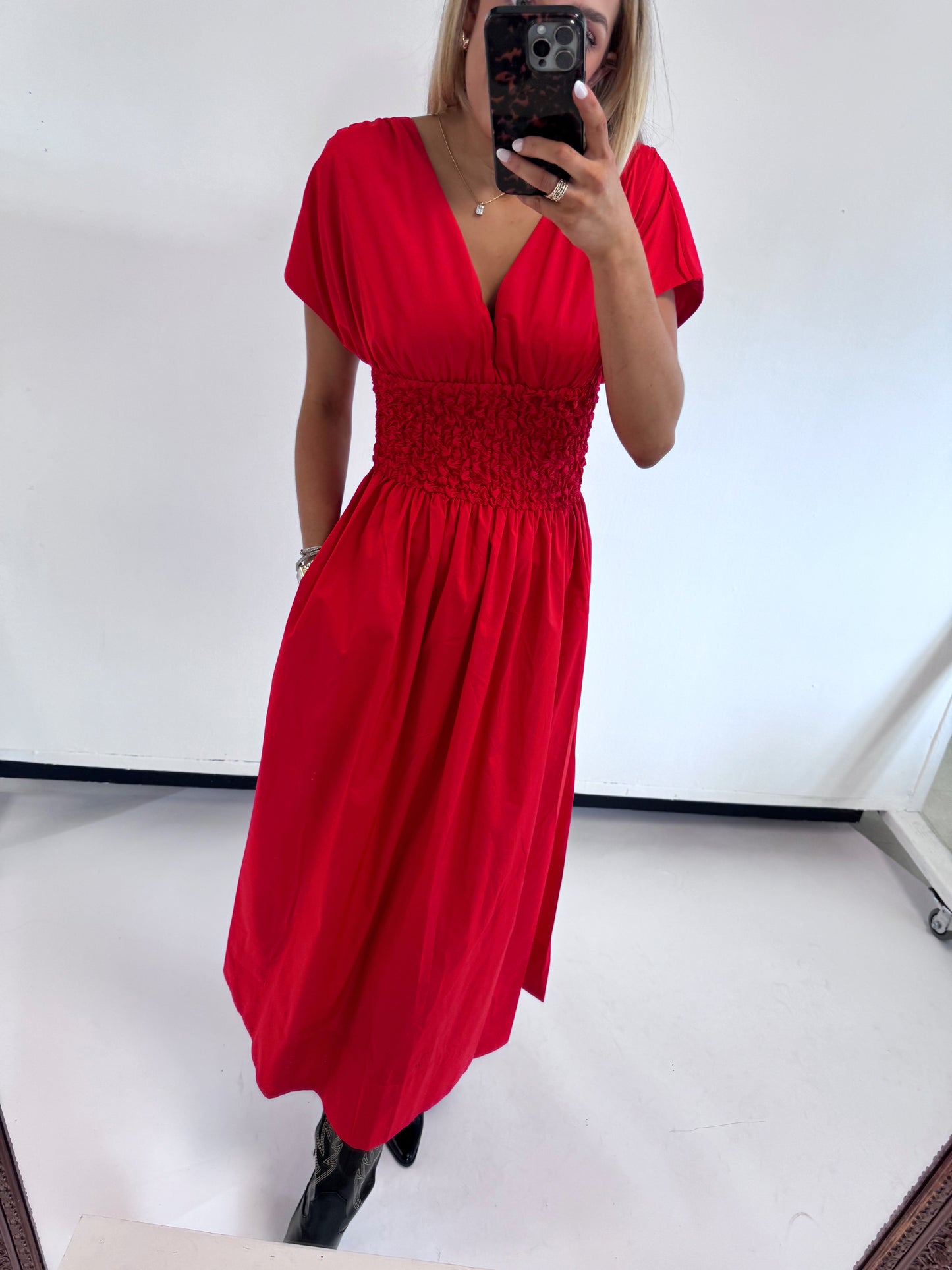 POPPY RED SMOCKED MAXI DRESS