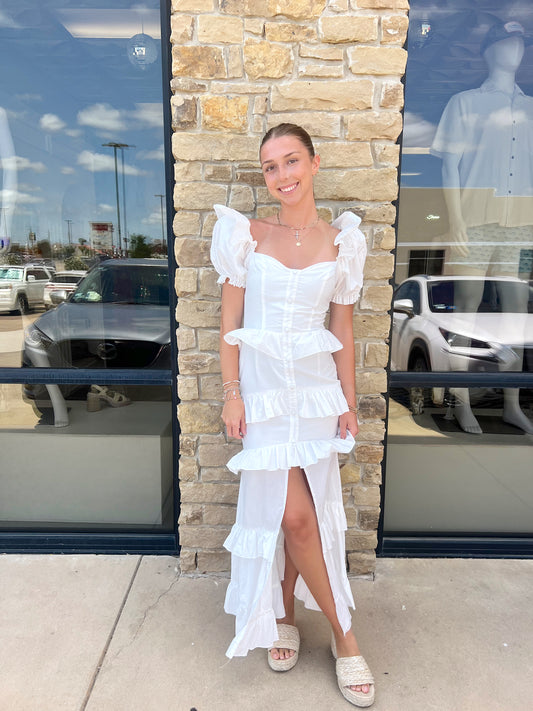 WHITE FRONT BUTTON TIERED MAXI DRESS