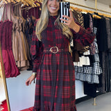 Red Plaid Bubble Sleeve Maxi Dress