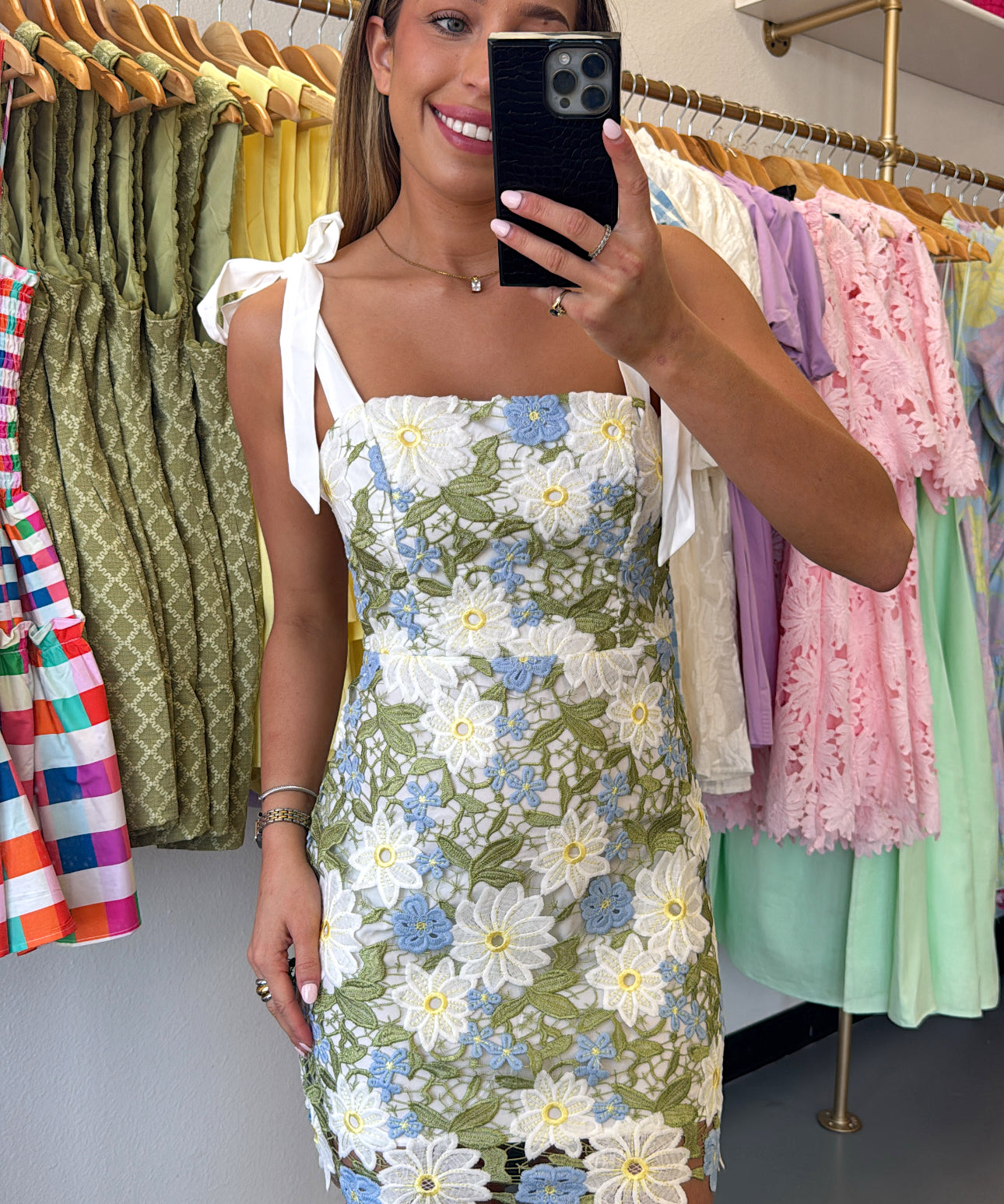 Floral embroidered bow tie dress (size large left)