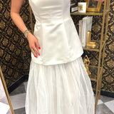 Ivory Peplum Layered Tulle Maxi Dress