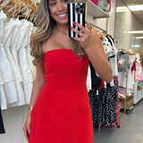 RED STRAPLESS BOW FLARE MINI DRESS