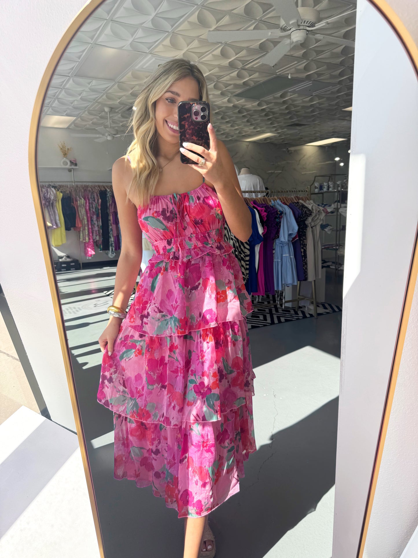 PINK MULTI FLORAL MIDI TIE DRESS