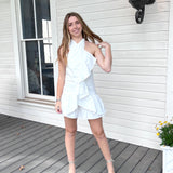 WHITE CRISS CROSS HALTER RUFFLE DRESS - (Large left)