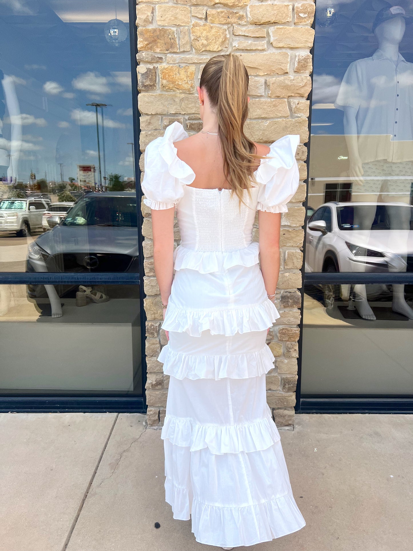 WHITE FRONT BUTTON TIERED MAXI DRESS