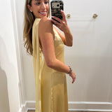 YELLOW SCARF ONE SHOULDER SATIN MAXI DRESS