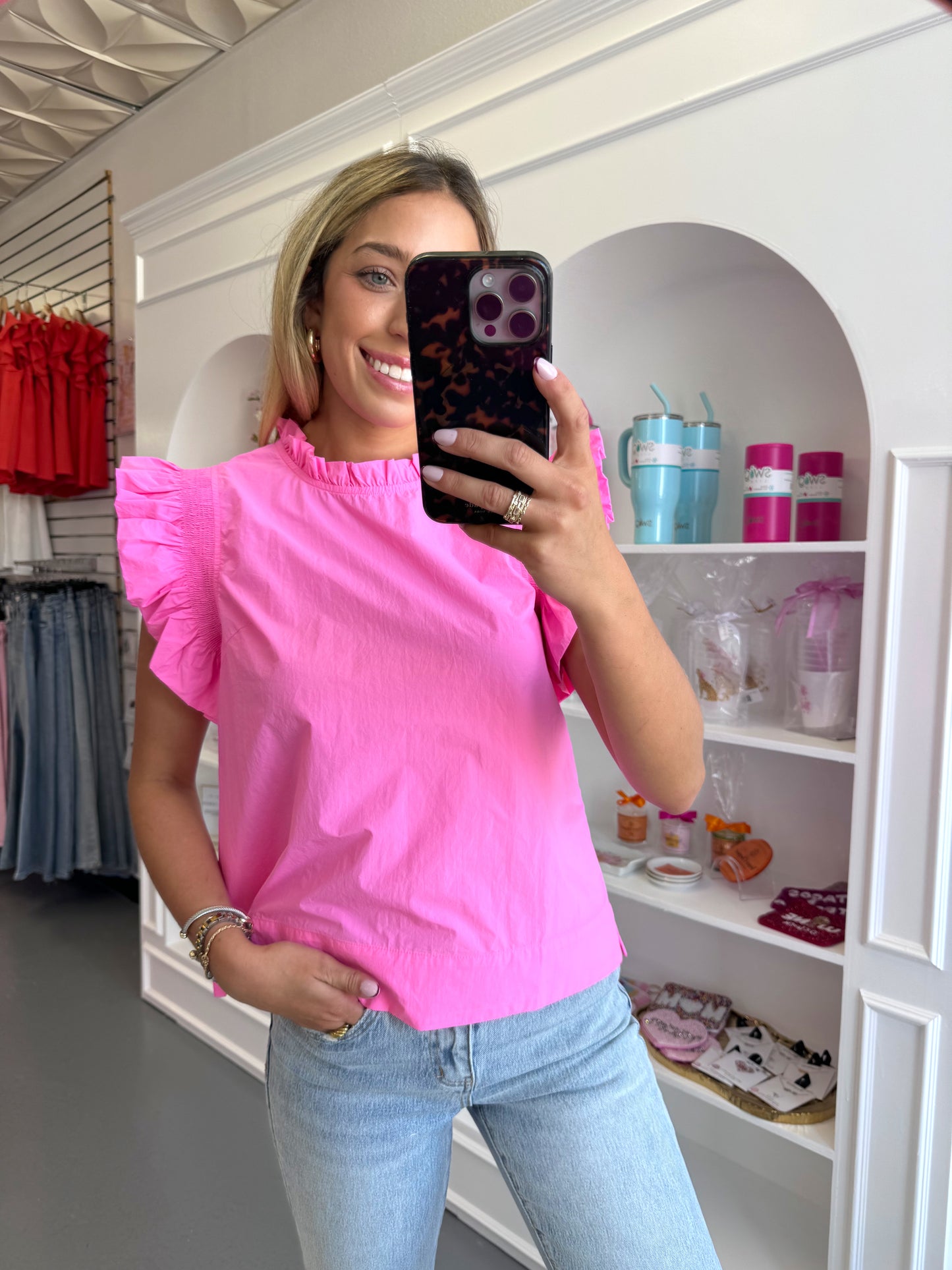 PINK SOLID LAYER RUFFLED CAP SLEEVE TOP