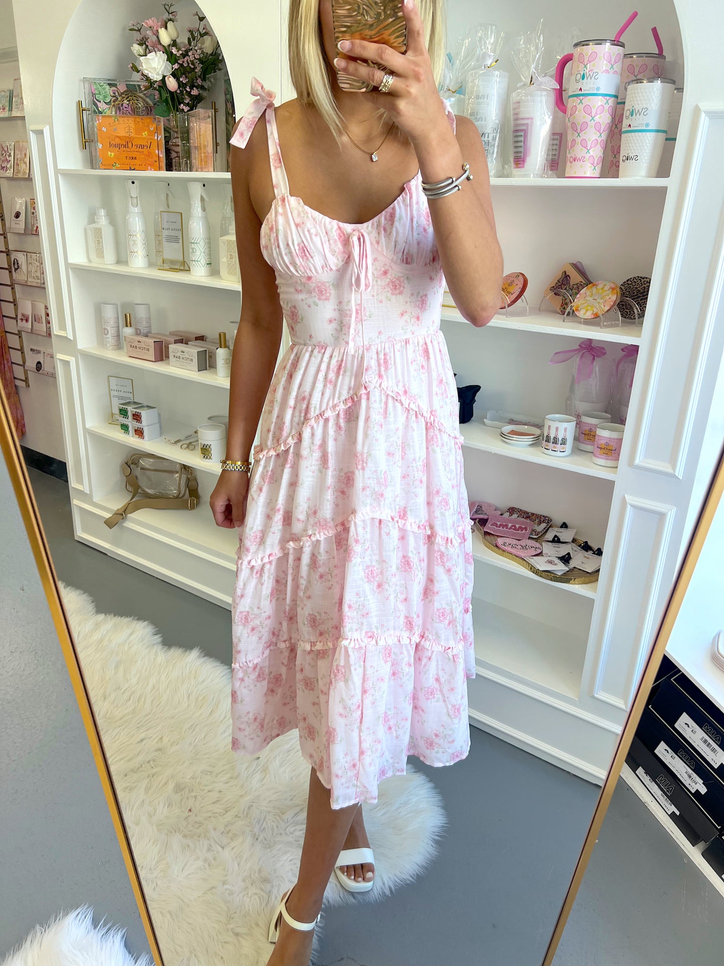 PINK FLORAL RUFFLE MIDI DRESS